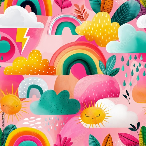 Playful Whimsical Illustration of a Smiling Sun, Lush Greenery, and Happy Clouds in Pastel Colors for Children's Design