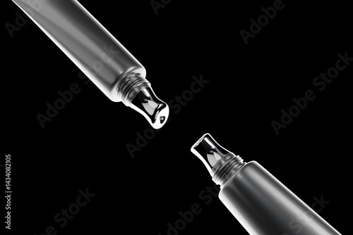 luxury lip gloss tube with metallic tip applicator, liquid lipstick tube with slant tip mockup, black plastic tube with screw cap for beauty product, cylindrical cosmetic container with aluminum tip