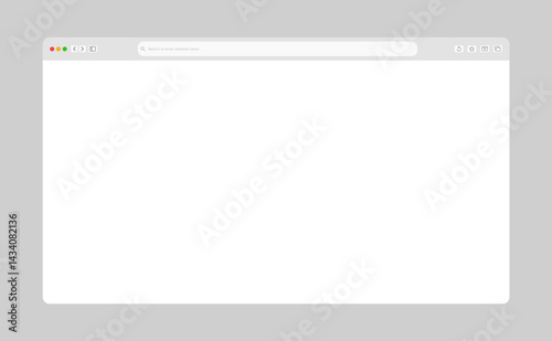 Transparent browser window on blue and violet background. Window internet browser with toolbar and search bar. Blank screen website mockup. Template design for ui, ux, app. Vector illustration