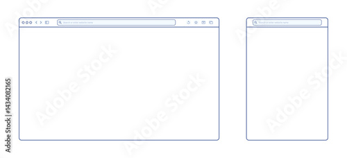 Transparent browser window on blue and violet background. Window internet browser with toolbar and search bar. Blank screen website mockup. Template design for ui, ux, app. Vector illustration
