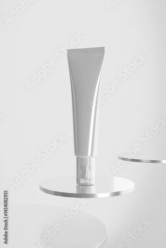 liquid lipstick silver metallic tube with slant tip mockup, cosmetic tube with silver metallic tip packging, luxury aluminum laminate squeeze tube with screw cap, cylindrical cosmetic container