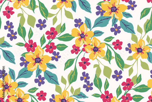 Seamless floral pattern, liberty ditsy print with colorful summer garden. Cute botanical design of small hand drawn flowers, large green leaves, blooming bouquets. Vector illustration.