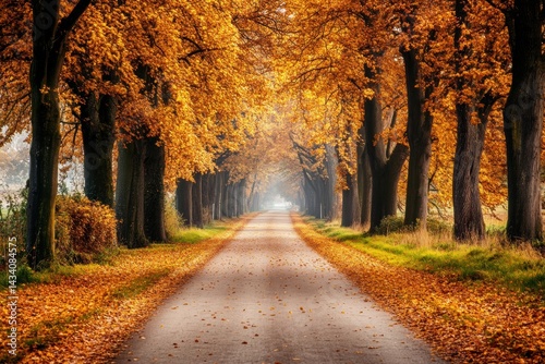 Long road lined with autumn trees and leaves