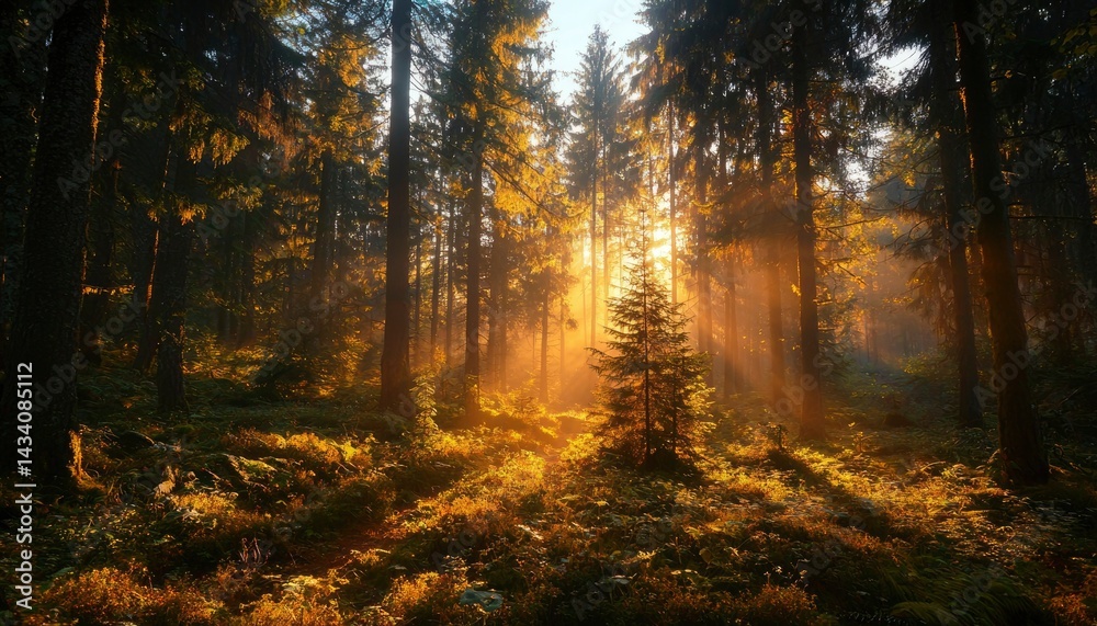 Obraz premium Golden sunlight streams through autumn forest