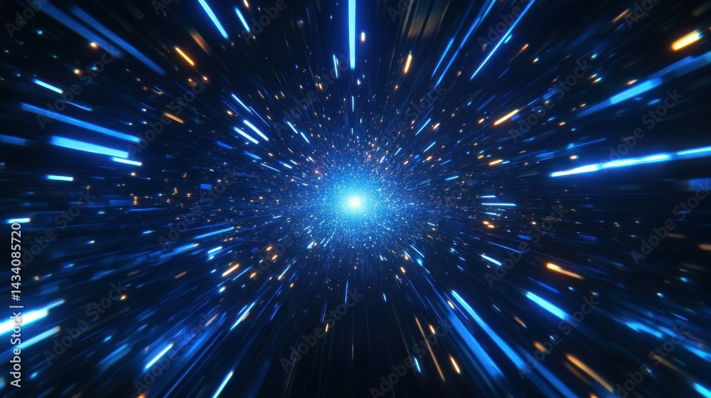 Naklejka premium Hyperspace warp, radiating blue and gold light trails. Dynamic, fast motion