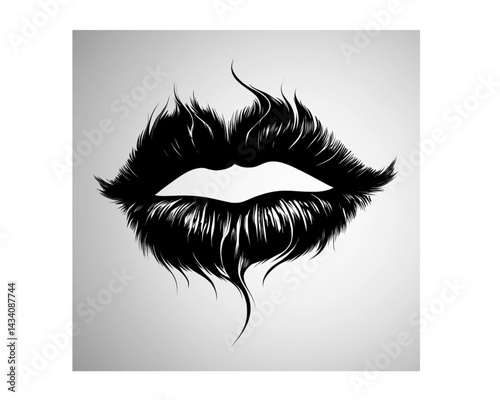 Flowing lines forming lips, black and white, abstract and artistic, on light gray background