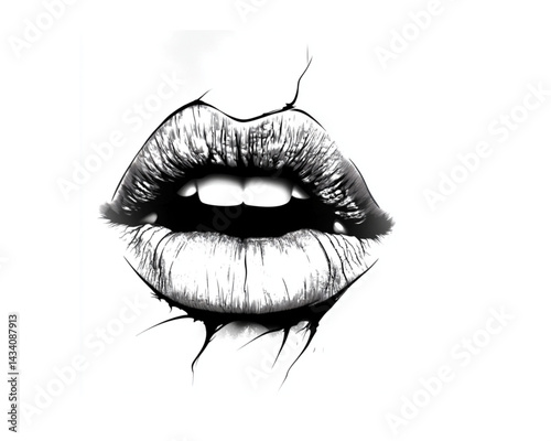 Glossy open mouth with drips, black and white, bold and seductive, on white background