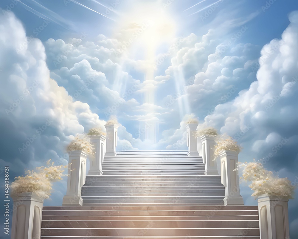 Fototapeta premium Ascent to the Divine: A radiant staircase ascends towards a celestial light, symbolizing spiritual enlightenment and the path to transcendence.A 3D stairway to heaven ascends through clouds toward the