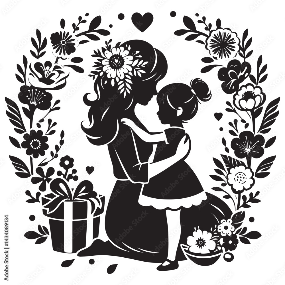 Obraz premium Mother and daughter embrace silhouette art for mother's day celebration with floral wreath design