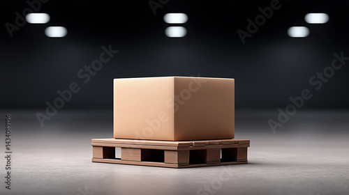 A blurred industrial cargo warehouse in the background, single cardboard box on wooden pallet in foreground, neutral tones, wide-angle commercial shot, clear copy space