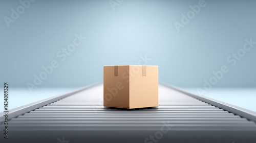 Distribution center with blurred conveyor belts in background, single sealed cardboard box in front, clean layout, cool neutral colors