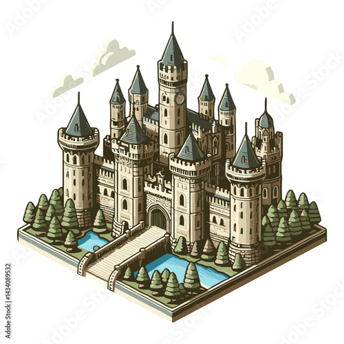 Detailed illustration of a medieval castle surrounded by trees and water with a few clouds in the sky