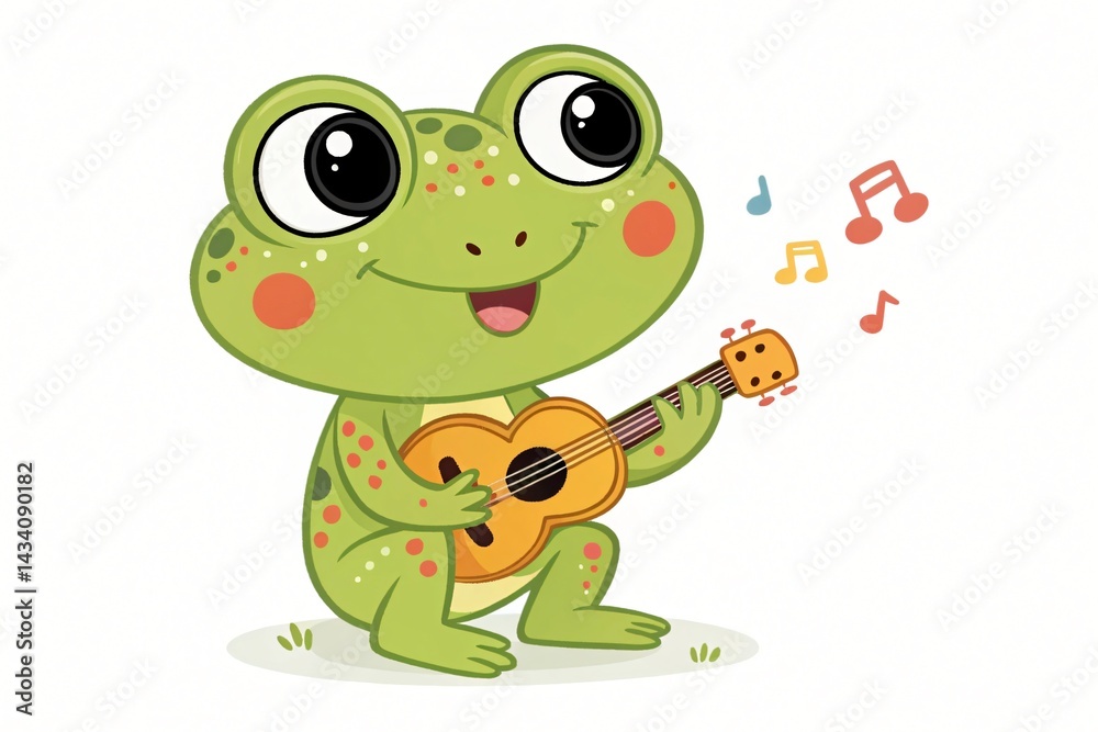 Fototapeta premium Adorable Cartoon Frog Playing Ukulele Musical Amphibian Illustration Childrens Book Art