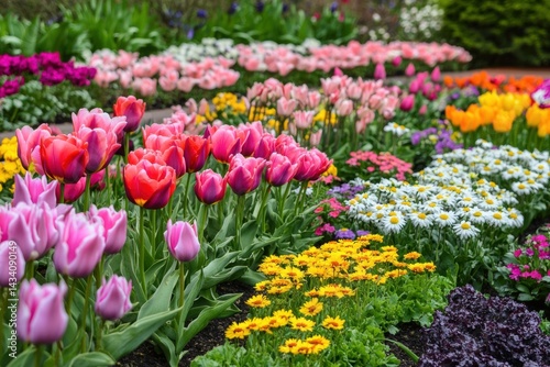 Spring garden full of tulips and wildflowers