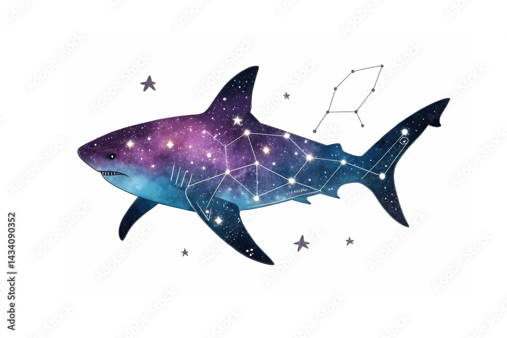 Obraz premium Celestial Shark A cosmic marvel a galactic shark silhouette adorned with constellations and stars a mesmerizing blend of marine life and night sky wonders in vibrant purple and blue hues