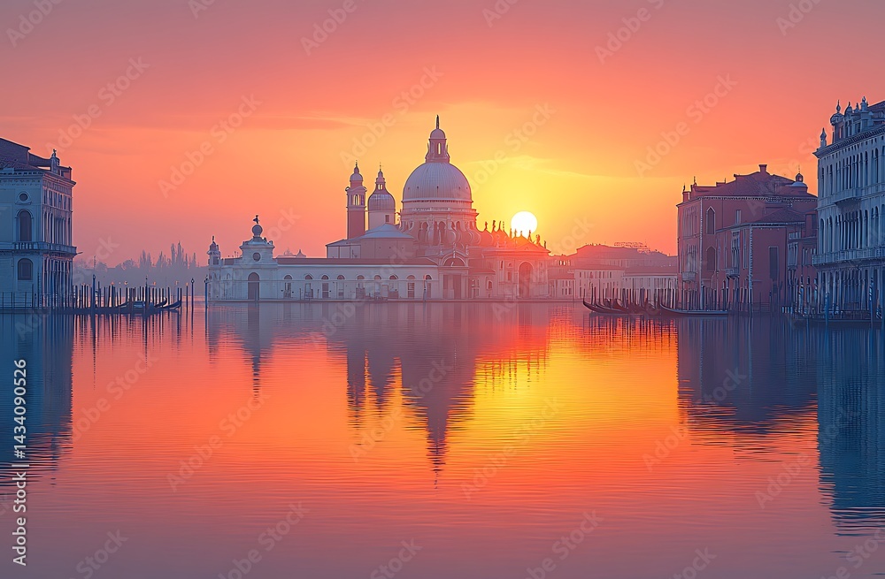 Fototapeta premium Santa maria della salute basilica reflecting in venetian lagoon at sunrise