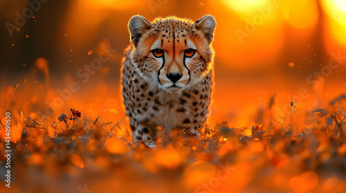 Fierce cheetah confronting the golden sunset. photo