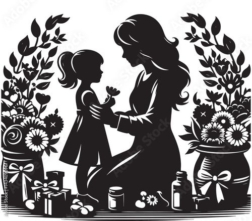 Mother and daughter silhouette art with gifts and flowers for mother's day celebration graphic design