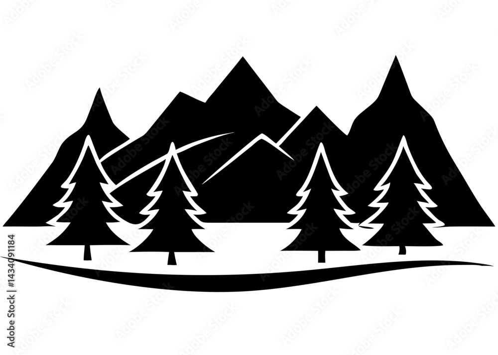 Obraz premium Creative Black Silhouette of Mountains and Fir Trees | Camping Adventure Wildlife Landscape Icon Vector Illustration