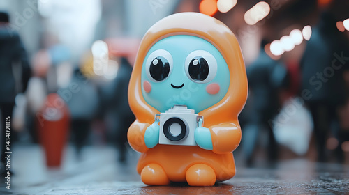 Cute Orange and Blue Alien Monster Tourist with Camera on City Street