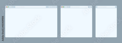 Transparent browser window on blue and violet background. Window internet browser with toolbar and search bar. Blank screen website mockup. Template design for ui, ux, app. Vector illustration