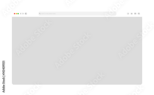 Transparent browser window on blue and violet background. Window internet browser with toolbar and search bar. Blank screen website mockup. Template design for ui, ux, app. Vector illustration