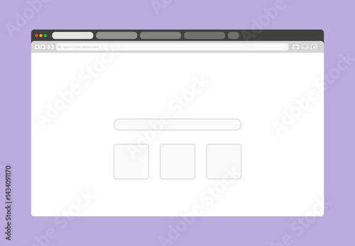 Transparent browser window on blue and violet background. Window internet browser with toolbar and search bar. Blank screen website mockup. Template design for ui, ux, app. Vector illustration