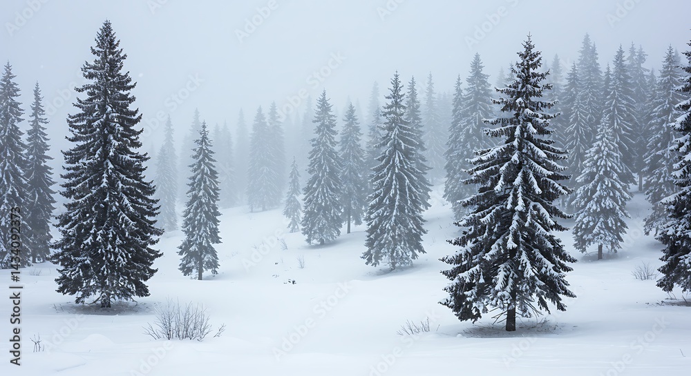 Obraz premium Majestic Evergreen Forest Covered in Fresh Snow Amidst a Misty Winter Landscape