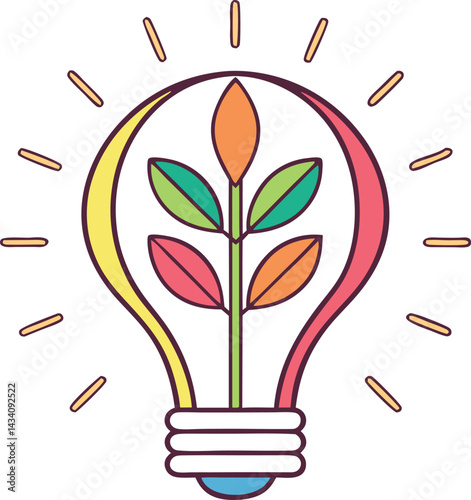 Colorful light bulb with new born plant inside in minimalist design vector graphics for business concept innovation