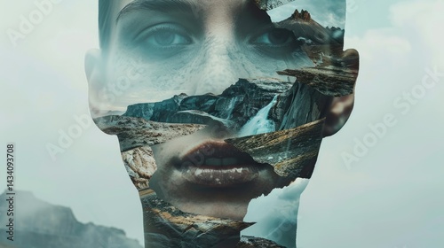  Creative double exposure portrait background with mountain landscape and waterfall blending with human face