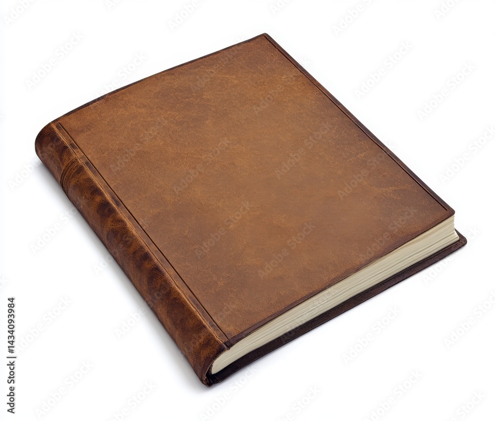 A closed, brown leather-bound book with white pages lies on a white surface A closed, brown leather-bound book with white pages lies on a white surface