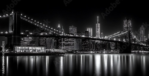 New york city skyline and brooklyn bridge at night black and white