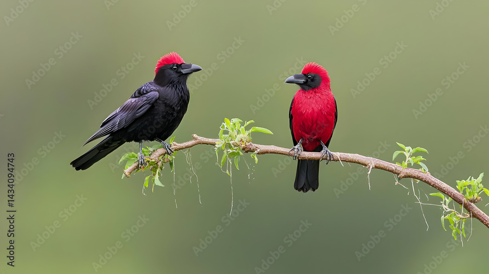Obraz premium Two Red And Black Birds Perched On A Twig Against Green Blurred Background Sunlight And Detailed Feather