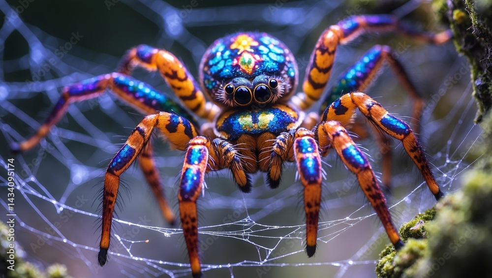 Vibrant jeweled spider and its delicate web Vibrant jeweled spider and its delicate web