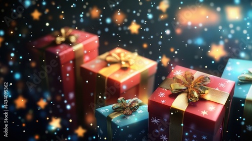 Festive Christmas presents with ribbons and bows, surrounded by bokeh lights and snowflakes. Holiday season, gift giving, and celebration concept.