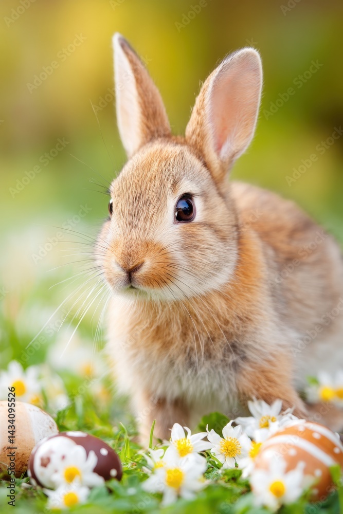 Fototapeta premium Adorable bunny amidst daisies and easter eggs captures the essence of spring in a close up shot with a bright and vibrant background creating a joyful mood