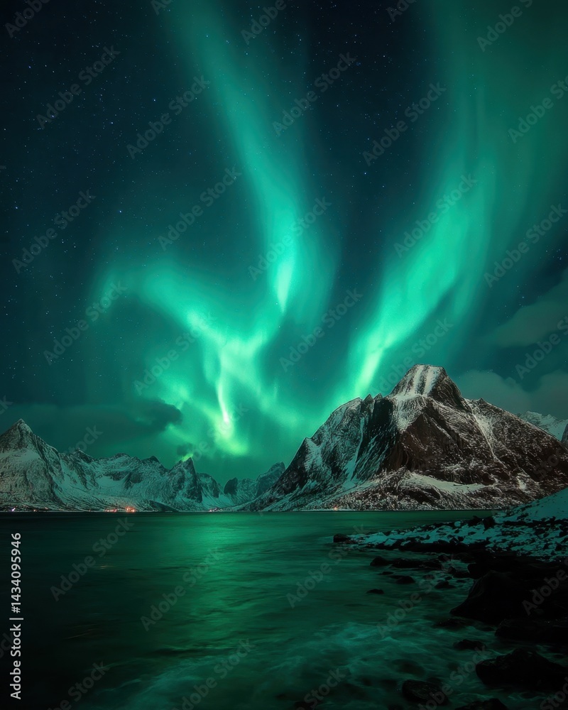 Naklejka premium Captivating aurora borealis illuminates the serene Norwegian landscape with majestic mountains and tranquil waters creating a breathtaking celestial spectacle