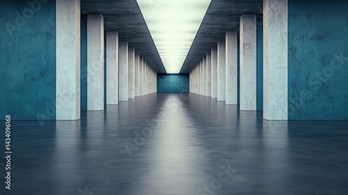 Long, empty hallway with blue walls and white pillars. The hallway is very long and has a very clean, minimalist look