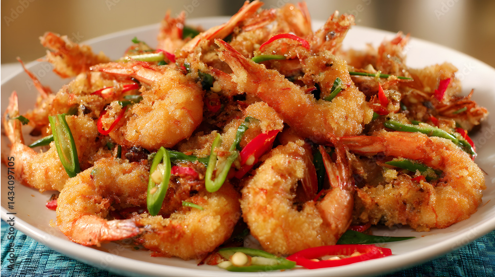 Crispy Fried Whole Shrimp Tossed with Salt and Red Chili Peppers on a White Plate Crispy Fried Whole Shrimp Tossed with Salt and Red Chili Peppers on a White Plate