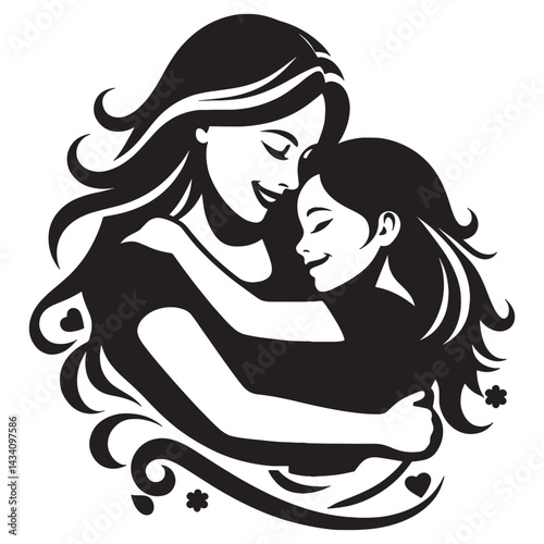 Mother daughter embrace graphic design illustration for family love and care concept art silhouette, mothers day