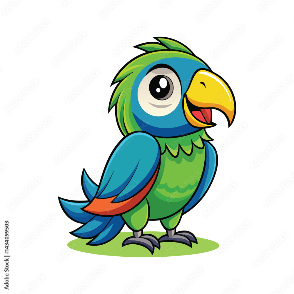 Fototapeta premium Cartoon parrot with bright plumage and a happy pose Vector illustration isolated on white background