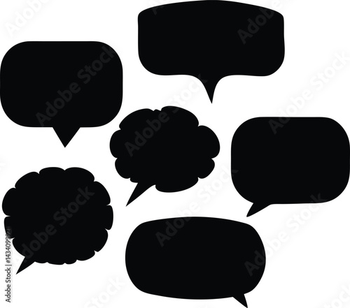 Black speech bubbles, comic book style, minimalist design, conversation icons, dialogue balloons, stark contrast, simple shapes, communication symbols, white background, graphic design elements 