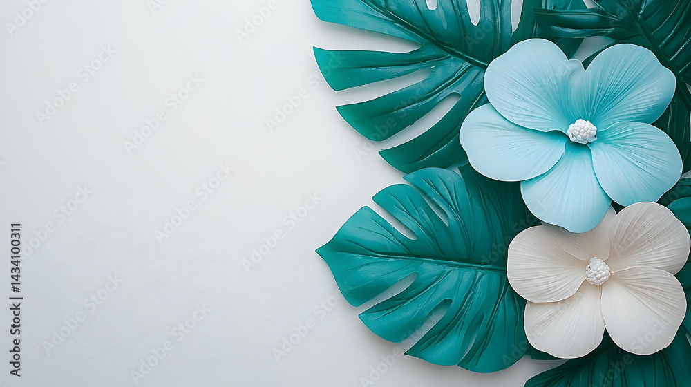 Obraz premium Elegant White and Blue Flowers with Teal Tropical Leaves on White Background