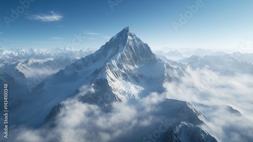 Snow-covered mountain peak towering above clouds in panoramic aerial view of remote alpine range photo