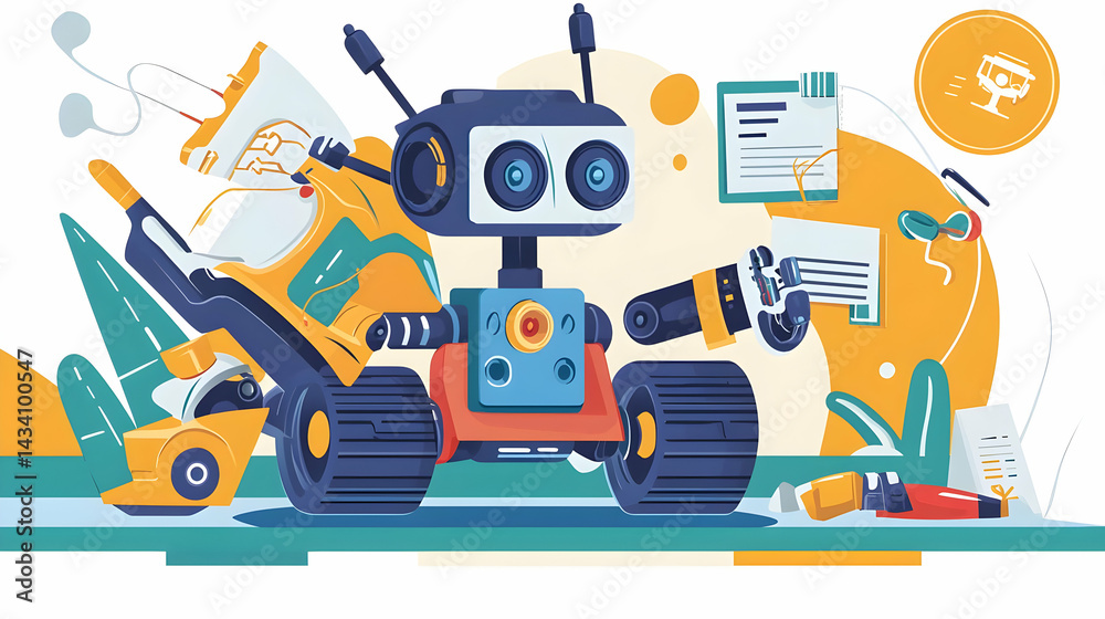 Colorful Robot Illustration with Modern Technology Elements