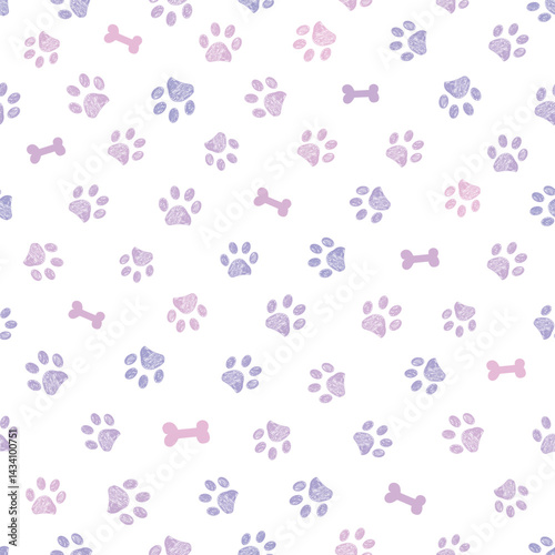Lilac and pink colored doodles paw prints and bones seamless fabric design pattern