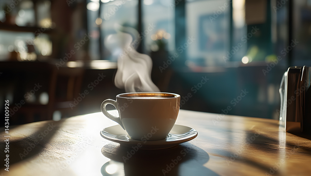 Warm coffee in a cafe, sunlight through window