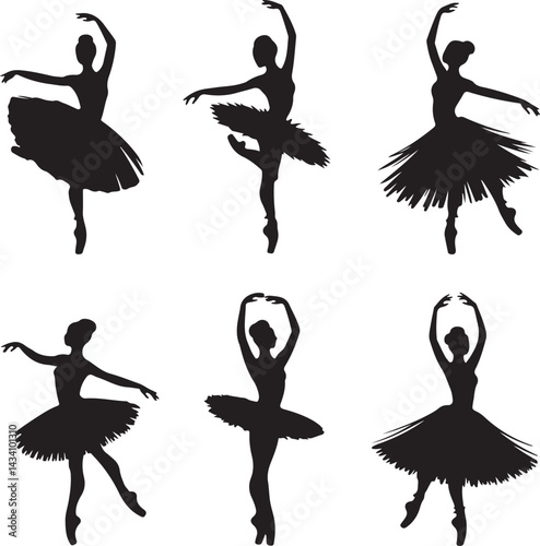 A vector illustration of six elegant ballerina silhouettes in various classical dance poses. 
