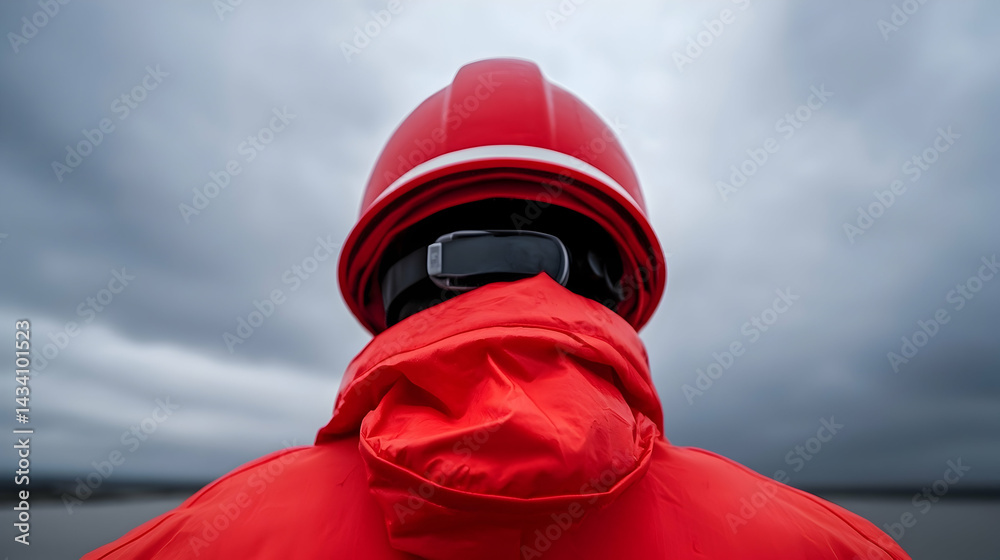 Obraz premium Emergency Personnel in Red Protective Gear Under Stormy Sky