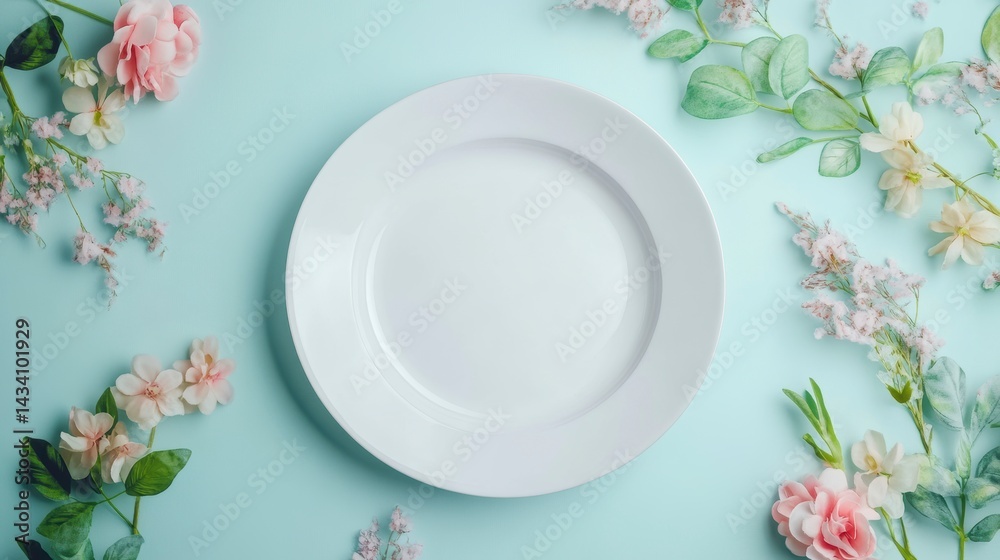 Empty white plate surrounded by pastel flowers on a blue background. Empty white plate surrounded by pastel flowers on a blue background.